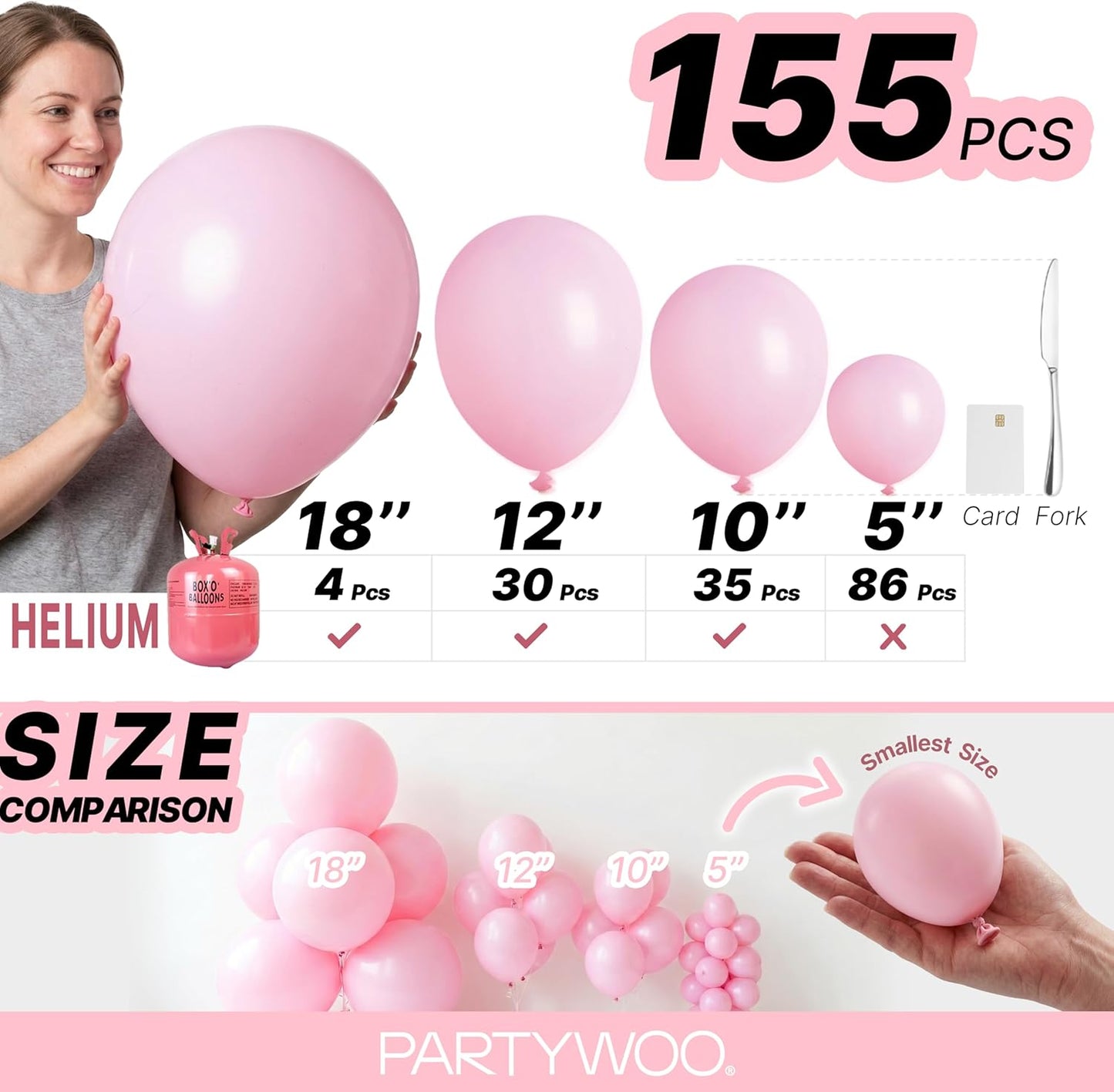 PartyWoo Baby Pink Balloons - 155-Piece Arch Kit with Various Sizes for Baby Shower & Birthday Decor
