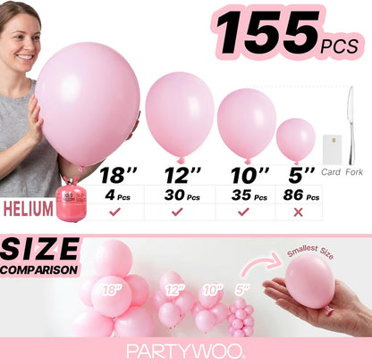 PartyWoo Baby Pink Balloons - 155-Piece Arch Kit with Various Sizes for Baby Shower & Birthday Decor