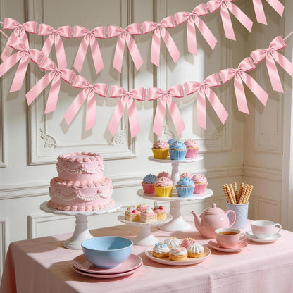 Skiennix Pink Bow Garland Banner - 8 Pre-Strung Double-Layer Satin Ribbon Bows | Reusable Valentine's Day Decor for Baby Showers & Parties