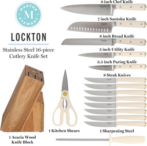 Martha Stewart 16-Piece Knife Block Set - High Carbon Stainless Steel Chef Knives with Acacia Wood Block, Linen White & Gold