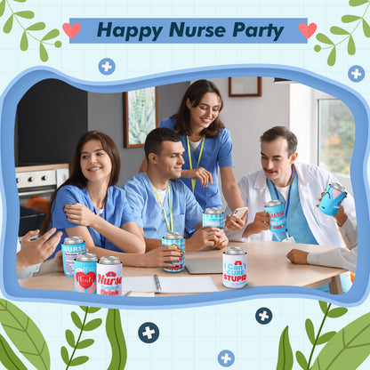 Ninehaoou 24 Pack Nurse Can Coolers Nurses Week Decorations Funny Nursing Day Can Coolers Sleeves for Nurse Graduation Rn Themed Party Nursing Party Decoration Supplies, 8 Styles,12 oz