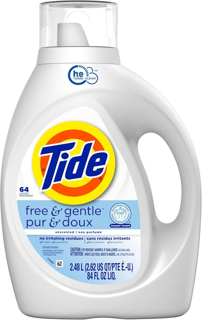 Tide Free & Gentle Liquid Laundry Detergent - 64 Loads | 84 Fl Oz for Sensitive Skin Cleaning