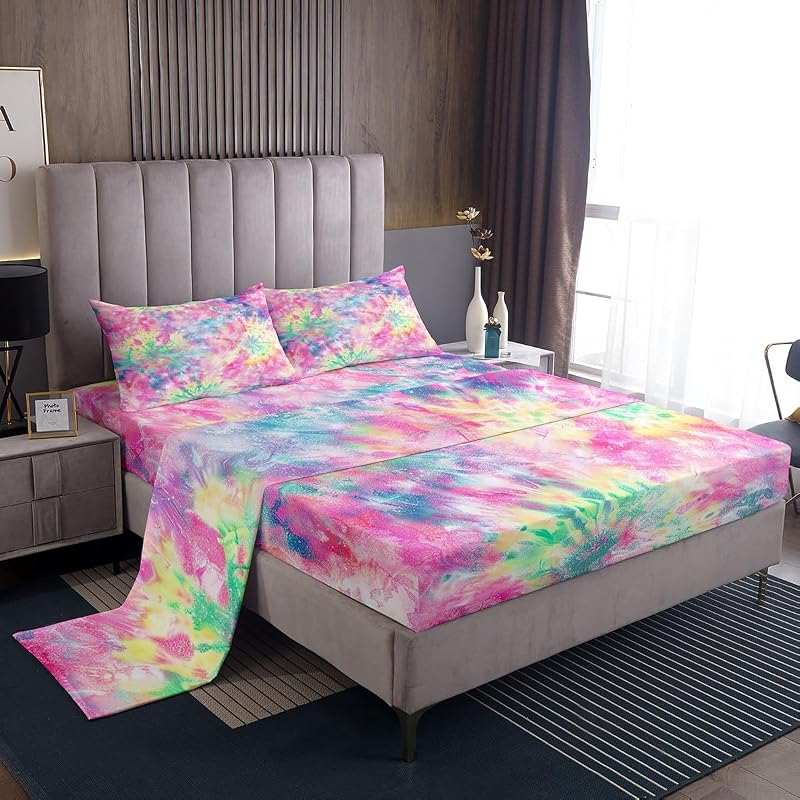 Kids Tie Dye Pink Bed Sheet Set 4 Pcs Queen – Deep Pocket Fitted Sheets Included, Boho Batik Sheeting