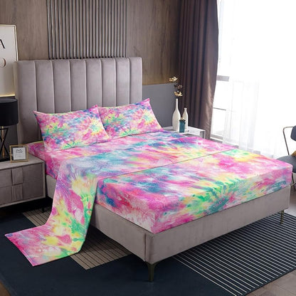 Kids Tie Dye Pink Bed Sheet Set 4 Pcs Queen – Deep Pocket Fitted Sheets Included, Boho Batik Sheeting
