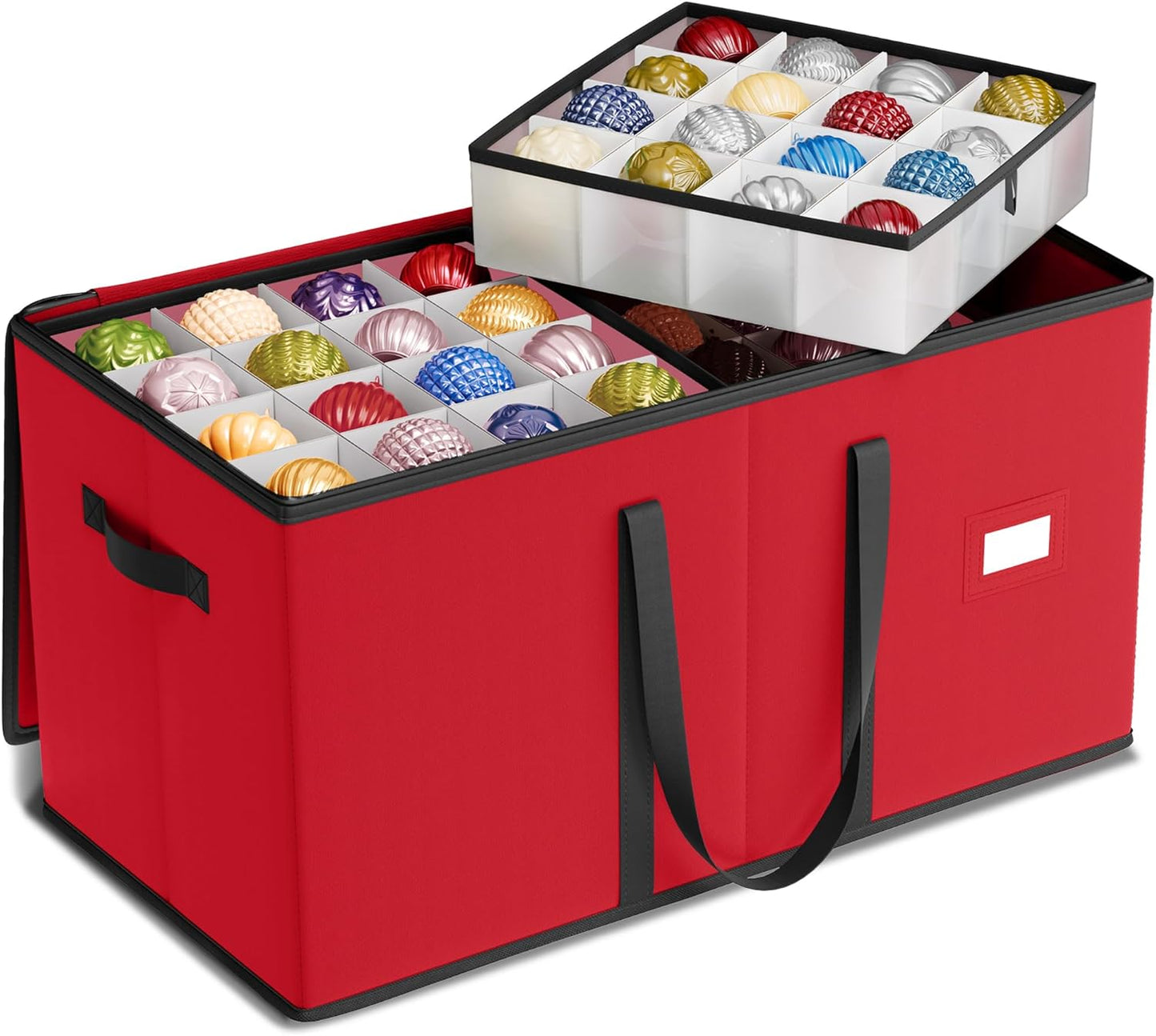 SONGMICS Christmas Ornament Storage Box - Stackable Dual Zipper Container with 128 Slots - Cherry Red