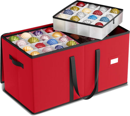 SONGMICS Christmas Ornament Storage Box - Stackable Dual Zipper Container with 128 Slots - Cherry Red