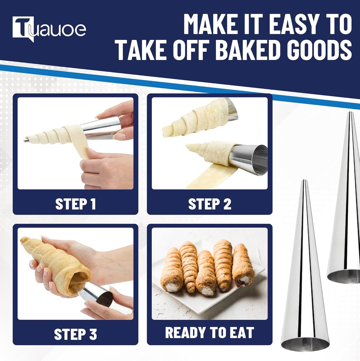 Skiennix Cream Horn Molds Set - 38 Non-Stick Stainless Steel Cone Forms with Cleaning Brush & Piping Bag