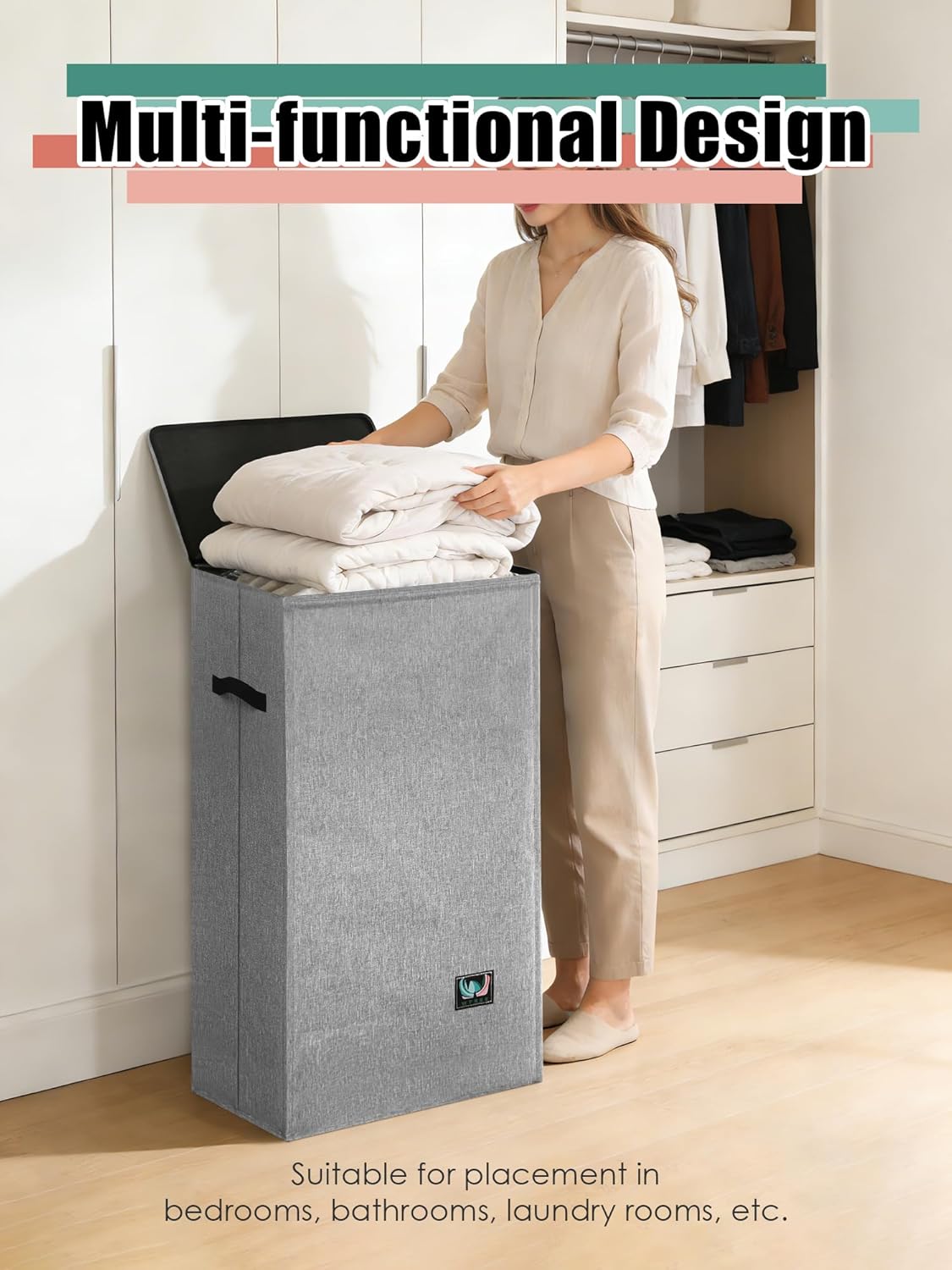 WTREE Laundry Hamper - Sturdy 100L Collapsible Basket with Lid & Removable Liner - Grey