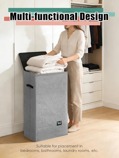 WTREE Laundry Hamper - Sturdy 100L Collapsible Basket with Lid & Removable Liner - Grey