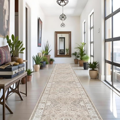 Vintage Washable Hallway Runner Rug by [Brand Name] - Ultra Soft Non-Slip Design | 3x18 Feet, Beige