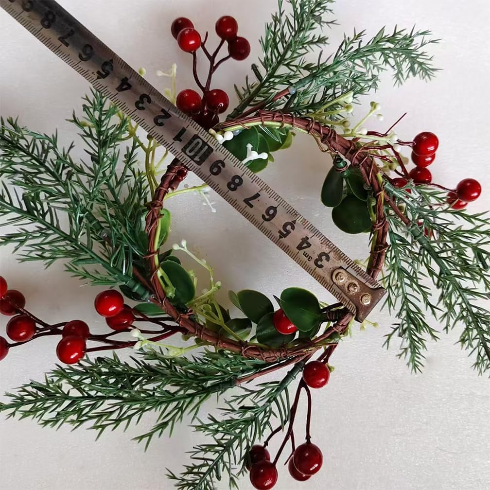 Skiennix Christmas Candle Rings - 4 Inch Artificial Red Berries & Pine Needles Wreaths | Rustic Holiday Decor