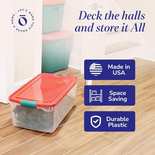 HOMZ 6-Pack Holiday Tote | Clear/Red Plastic Storage Bins with Lids - 64 Quart Stackable Organizers for Home & Office