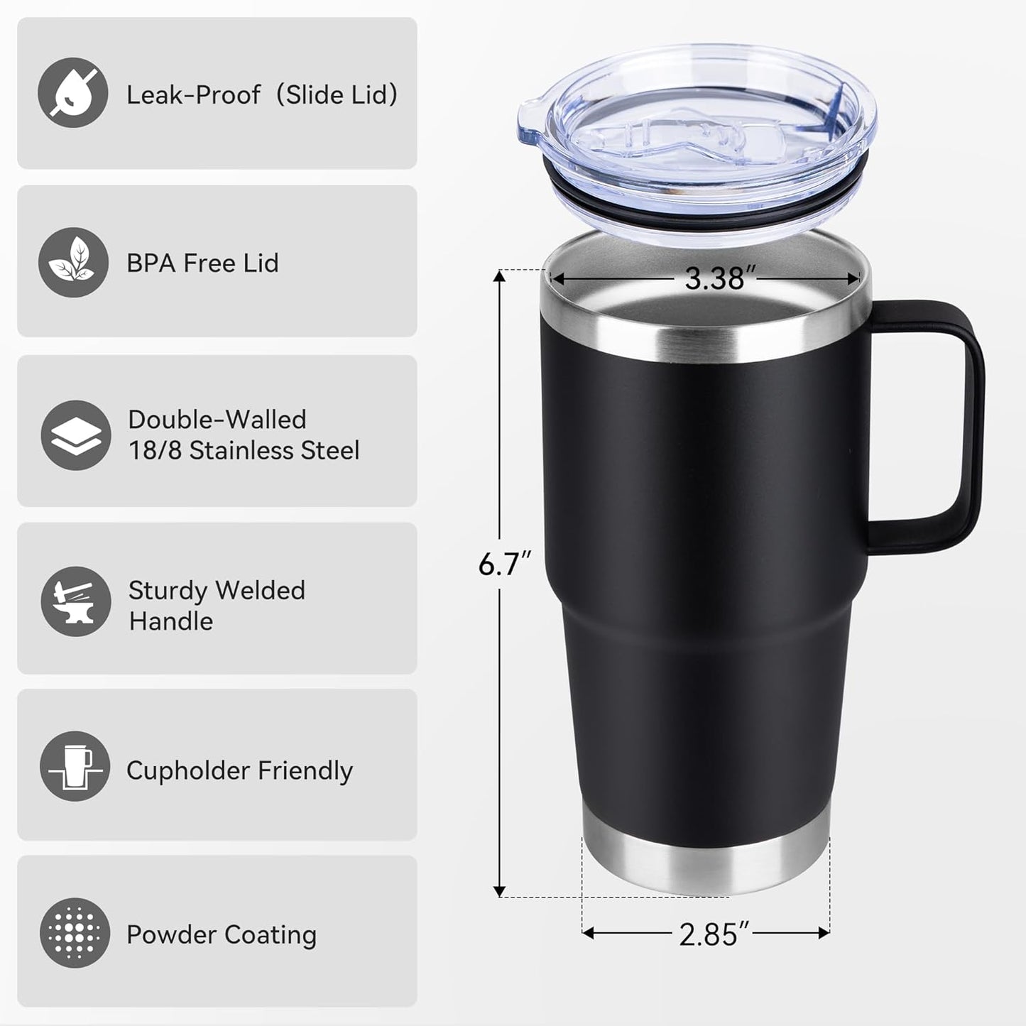 Skiennix 20oz Stainless Steel Tumbler Set - Insulated Travel Coffee Mugs with Handles | Black, 12 Pack