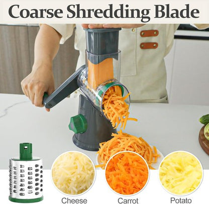 Cambom Rotary Cheese Grater - Hand Crank Shredder for Fresh Cheese & Vegetables | Non-Slip Base, 3 Blades, Grey/Green