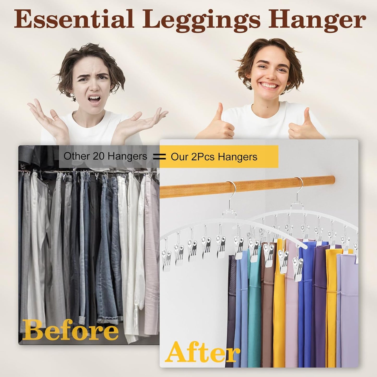 Skiennix Legging Organizer - 360° Swivel Space-Saving Metal Hangers with 20 Clips | White, 2-Pack