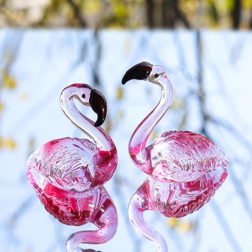 LONGWIN Handmade Art Glass Flamingo Figurines - Hand Blown Collectible Sculptures for Home & Wedding Decor (2 Pcs)