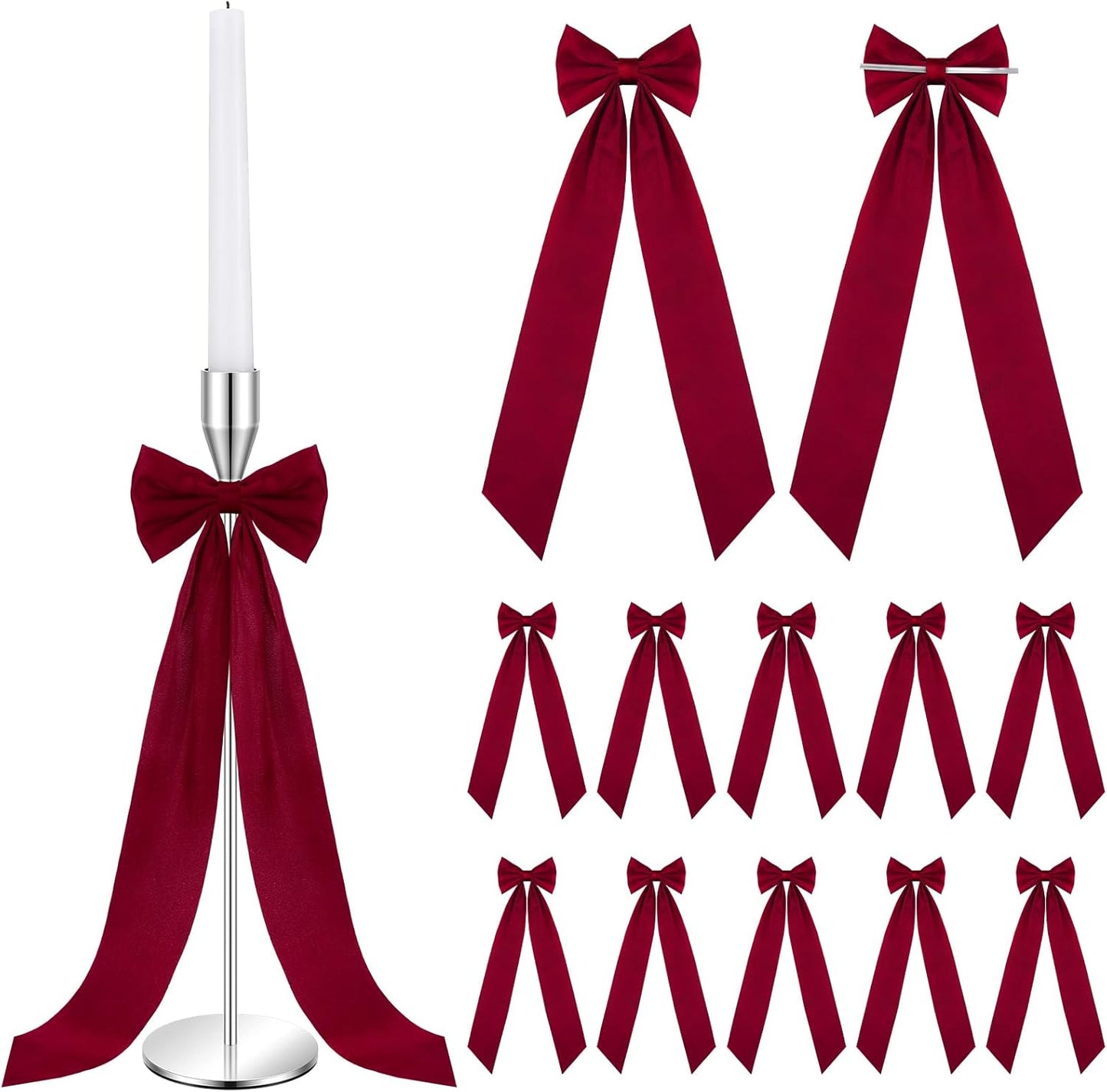 Teenyyou 12 Pcs Red Valentines Candlestick Bows - 13 Inch Large Self-Adhesive Table Decor for Weddings & Parties