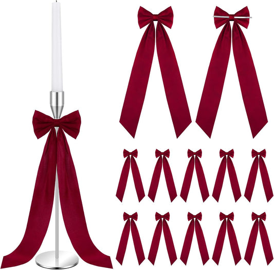 Teenyyou 12 Pcs Red Valentines Candlestick Bows - 13 Inch Large Self-Adhesive Table Decor for Weddings & Parties