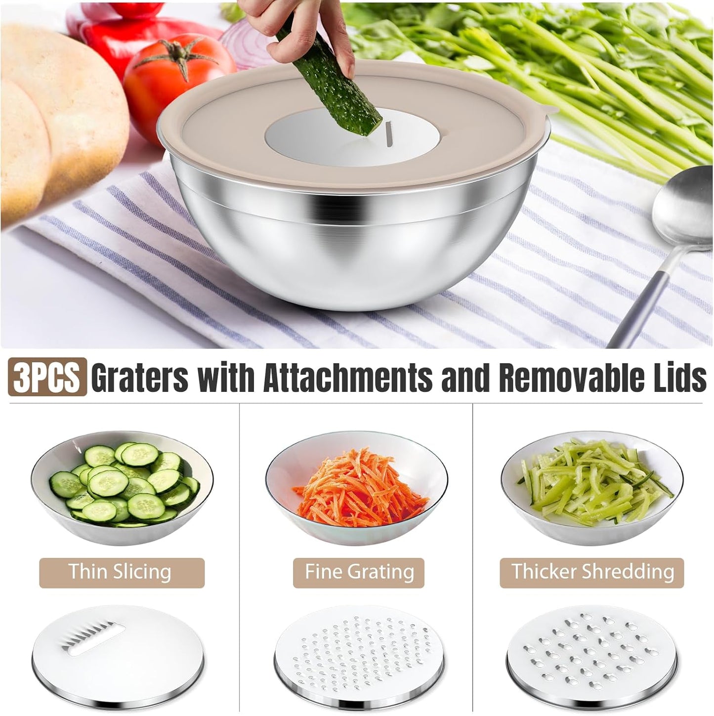 Stainless Steel Mixing Bowls Set by [Brand Name] - 7-Piece with Lids & Grater Attachments | Perfect for Cooking & Baking, Khaki