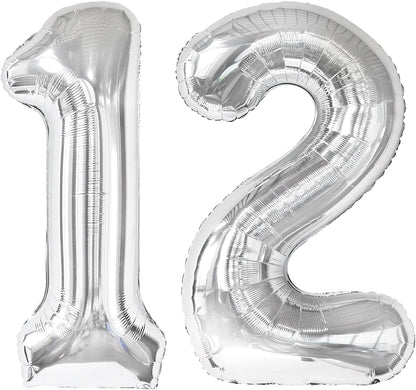 Silver Number 12 Balloon - 40 Inch Giant Foil Balloon for 12th Birthday Party Decorations