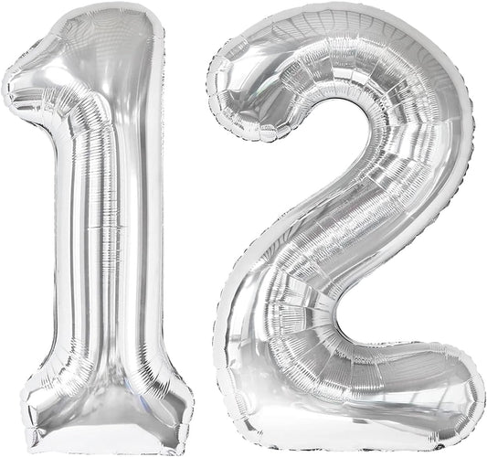 Silver Number 12 Balloon - 40 Inch Giant Foil Balloon for 12th Birthday Party Decorations