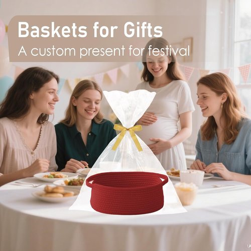 JMvicyroam Woven Storage Basket - Small Rope Organizer with Handles for Shelves & Closets | Red Gift Basket