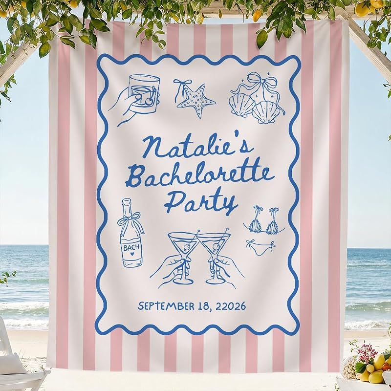 Personalized Bachelorette Backdrop Banner - Style 11, Custom Name Pink Stripes