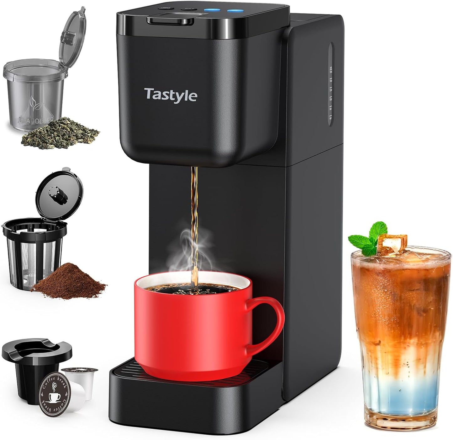 Skiennix Single Serve Coffee Maker - Brew K-Cups, Ground Coffee & Tea | Compact Black Design, 6-16 Oz Sizes