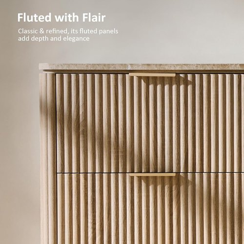 Fluted Dresser by [Brand Name] - 6 Drawer Chest with Faux Marble Top | Curved Design in Natural Oak