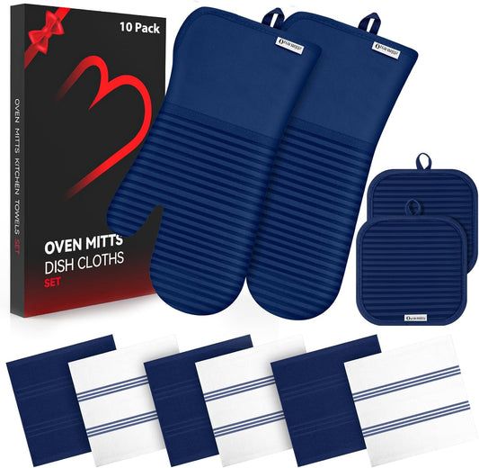 Skiennix Oven Mitts and Pot Holder Set - 500°F Heat Resistant Silicone Grip | 6 Pack Cotton Dish Towels - Marine Blue Kitchen Essentials