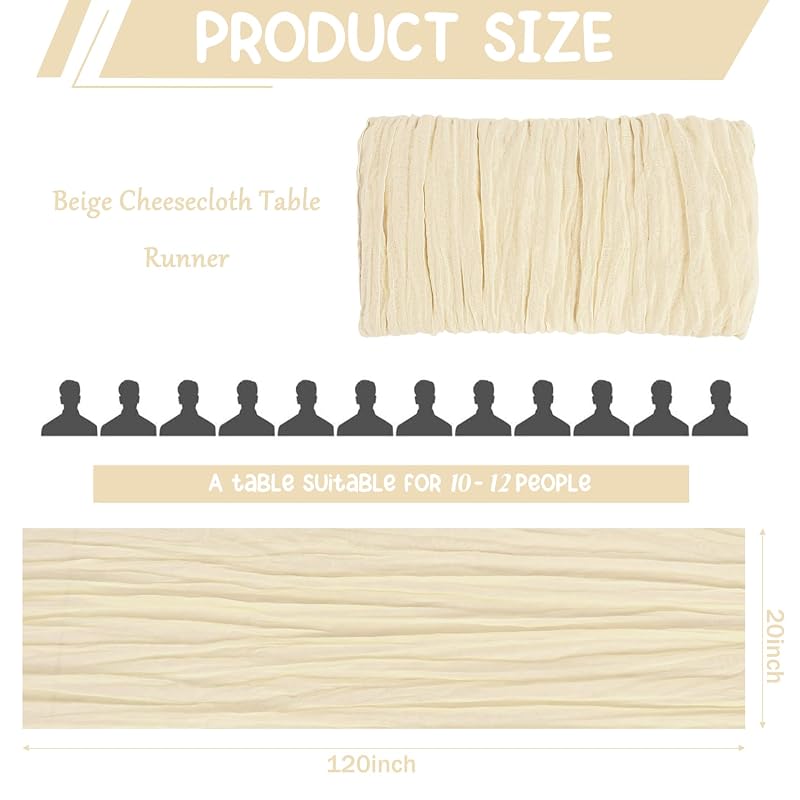 Beige Cheesecloth Table Runner 10 Pack 120x20in - Boho Gauze Linen for Wedding & Party, 10ft Long
