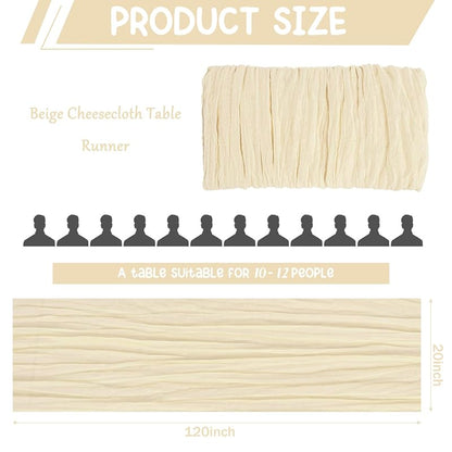 Beige Cheesecloth Table Runner 10 Pack 120x20in - Boho Gauze Linen for Wedding & Party, 10ft Long