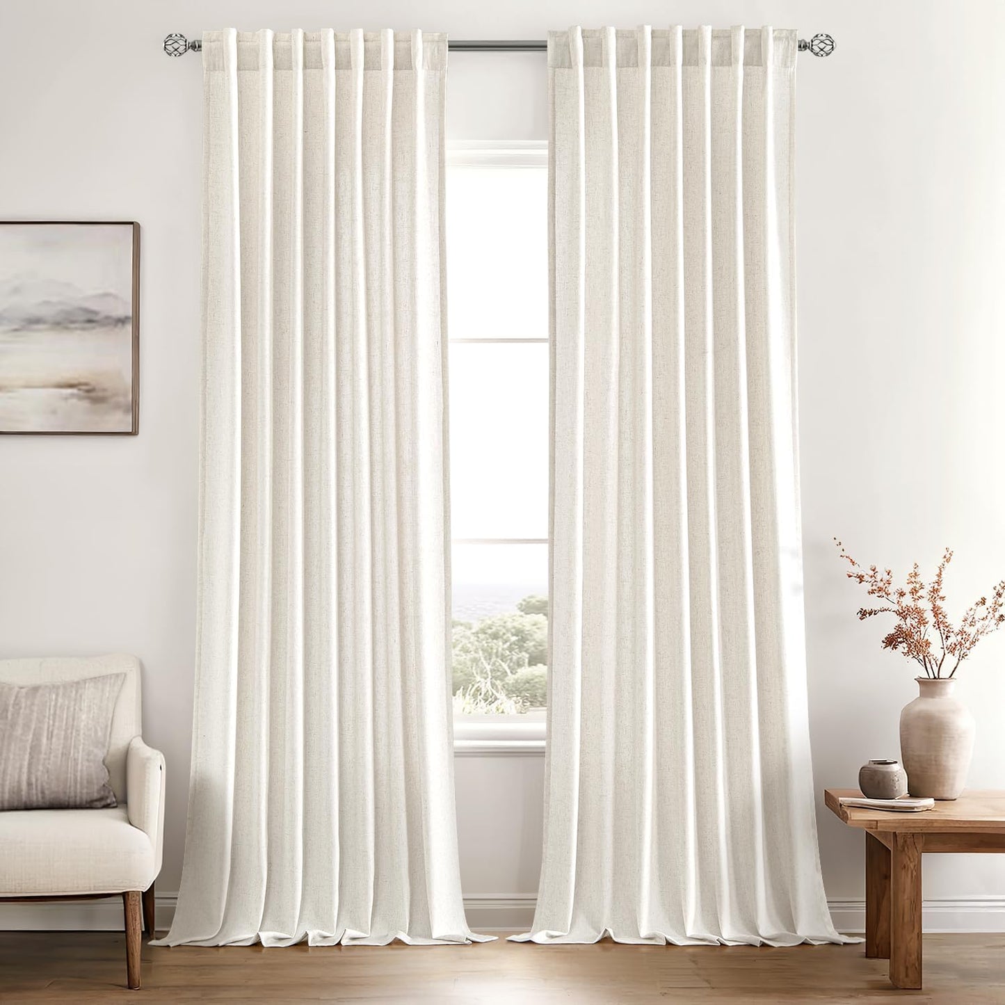 MIULEE Privacy Linen Curtains - Light Filtering Semi-Sheer Drapes | 2 Panels, 52 x 84 Inches, Natural White