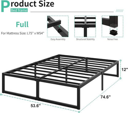 Lutown Teen 12-Inch Full Size Bed Frame - Heavy Duty Metal Platform with Sturdy Slats | Easy Assembly, Noise-Free, Black