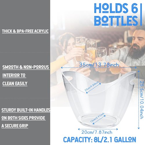 2 Pack Clear Acrylic Ice Buckets for Parties - 8L Large Beverage Tub for Champagne, Beer & Wine, Plastic Drink Bucket Cooler Bin for Indoor/Outdoor Cocktail Bars (Clear Ice Bin Holds 6 Bottles & Ice)