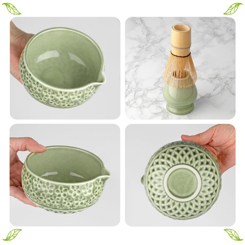 Marce Matcha Whisk Set- Matcha Set includes Matcha Whisk and Bowl, Sifter, Holder and Scoop- The Perfect Bamboo Whisk for Matcha Tea (Molted Green)