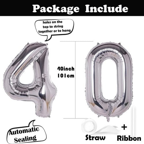 40 Inch Silver Jumbo Number 40 Balloons - Giant Foil Helium Balloons for 40th Birthday Celebrations