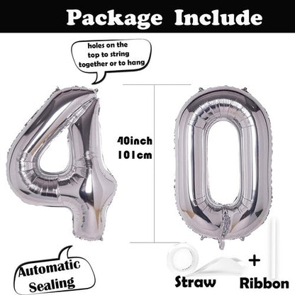 40 Inch Silver Jumbo Number 40 Balloons - Giant Foil Helium Balloons for 40th Birthday Celebrations
