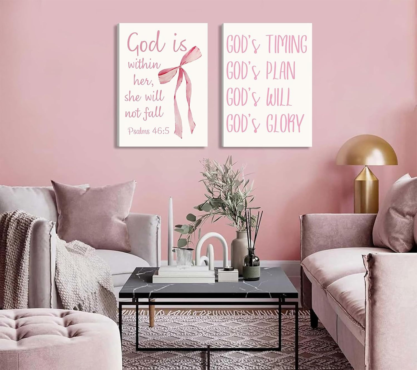 Coquette Pink Bow Canvas Wall Art - Inspirational Bible Verses for Girls' Room Decor | 12"x16" Framed