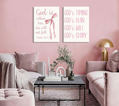 Coquette Pink Bow Canvas Wall Art - Inspirational Bible Verses for Girls' Room Decor | 12"x16" Framed