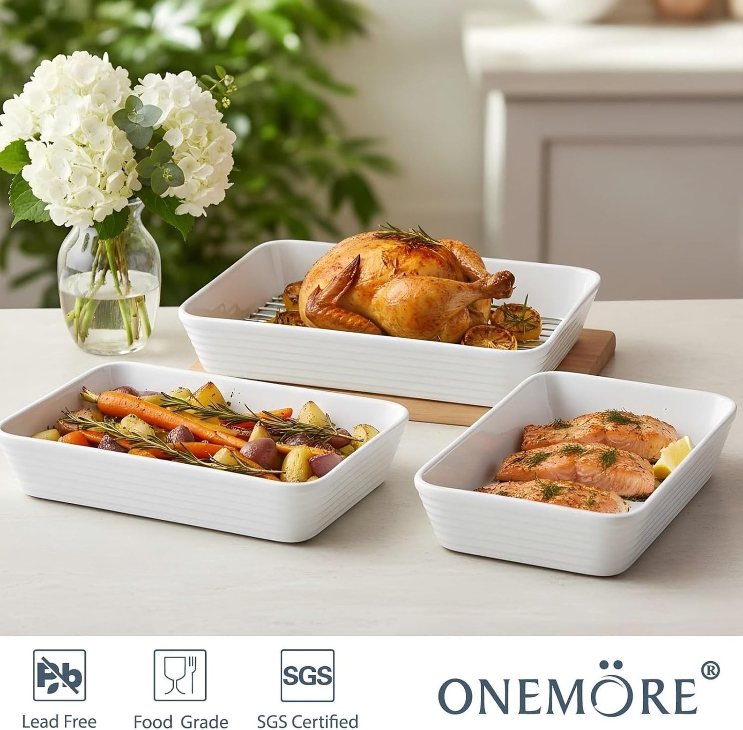 ONEMORE Baking Dishes Set - Large 9x13 Rectangular Ceramic Casserole Dishes with Roasting Racks | 3QT, 2.1QT, 1.3QT