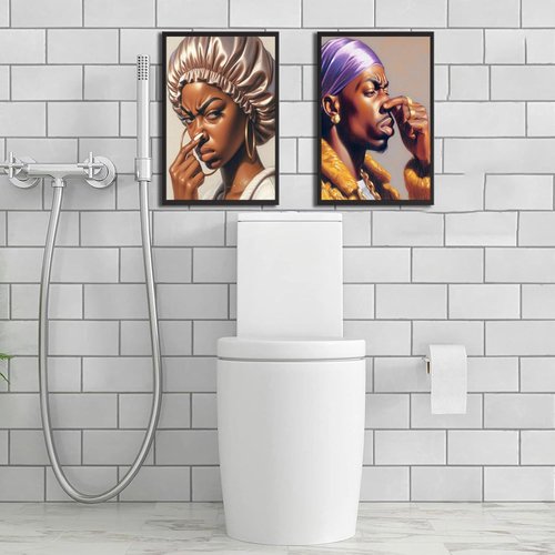 Funny African American Bathroom Wall Art - 2Pcs Canvas Prints with Humorous Pinch Nose Design | Unframed Decor