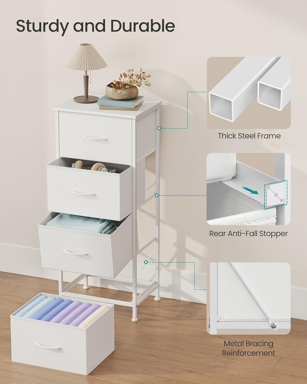 SONGMICS Dresser - Stylish Chest of Drawers with 4 Non-Woven Fabric Bins | Cloud White & Snow White