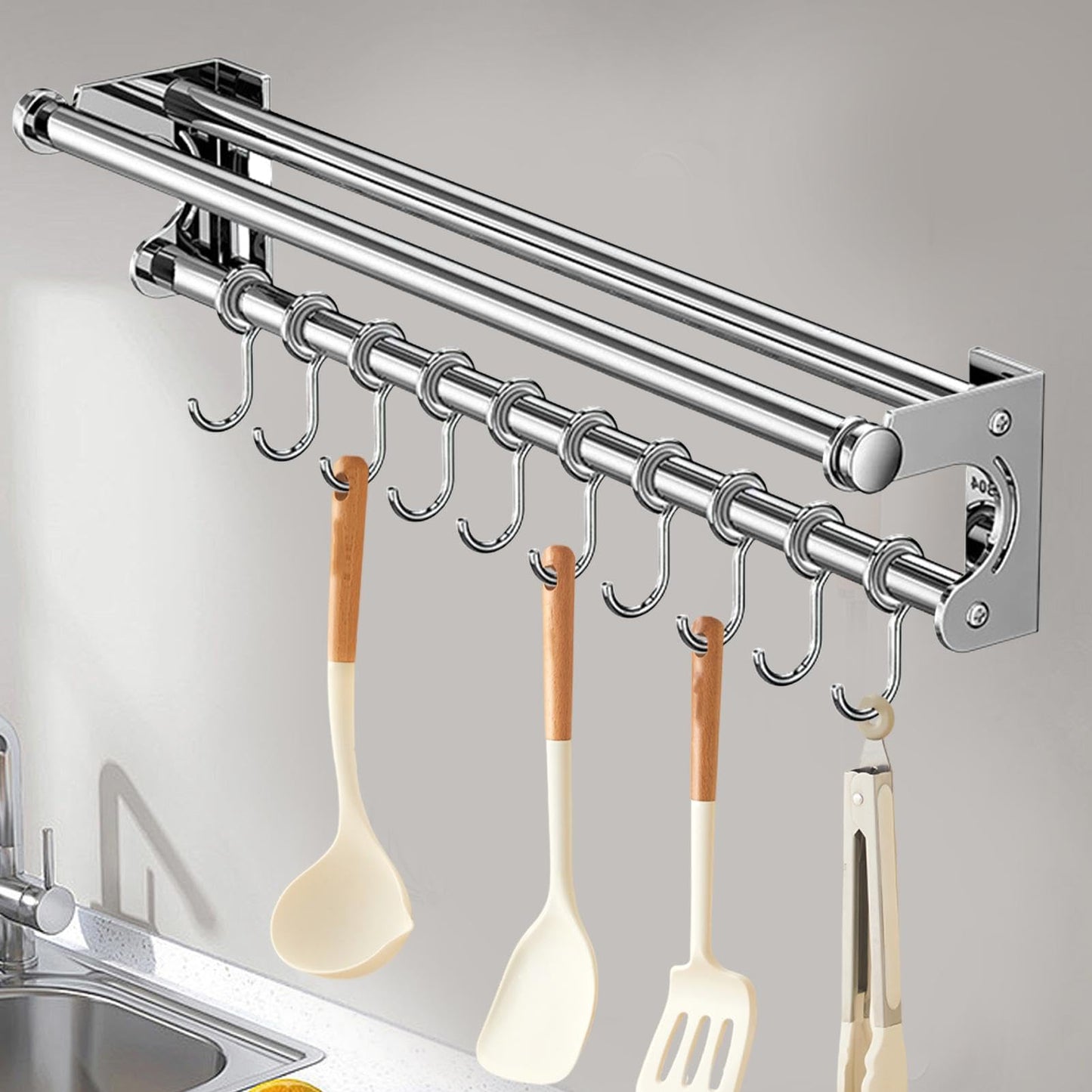 semofcen Kitchen Utensil Holder Hanger 30/40/50CM Stainless Steel Multifunctional Slide Rail Hook Space Saving Utensil Rack No Drilling Kitchen Rail for Hanging Cooking Utensils Mugs Spoons