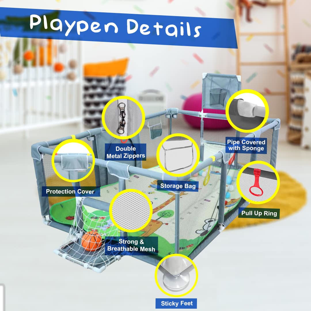 Skiennix Upgraded Playpen - Thick Foldable Mat, Balls, Rings, Storage Bag & Sports Nets | BPA-Free & Safe
