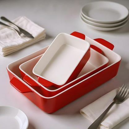Kook Ceramic Bakeware Set - Rectangular Baking Dishes for Casseroles & Lasagna | 3-Piece Set in Cherry
