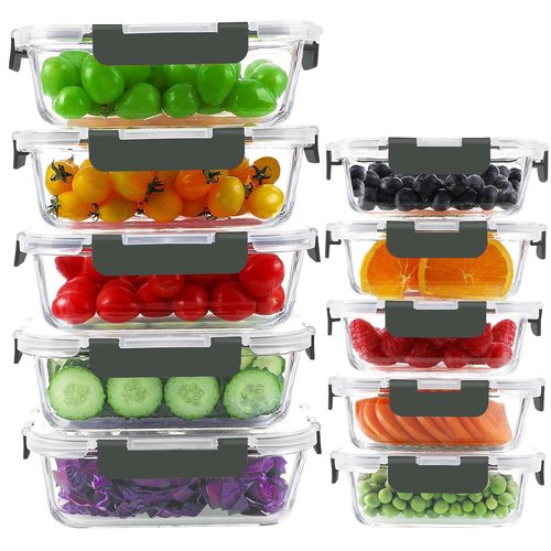 KAMOTA Glass Food Storage Containers, 10 Pack Glass Meal Prep Containers, Airtight Containers with Snap-Lock Lids, 34 oz and 13 oz gray Container Set with Lids, for Microwave/Oven/Freezer/Dishwasher