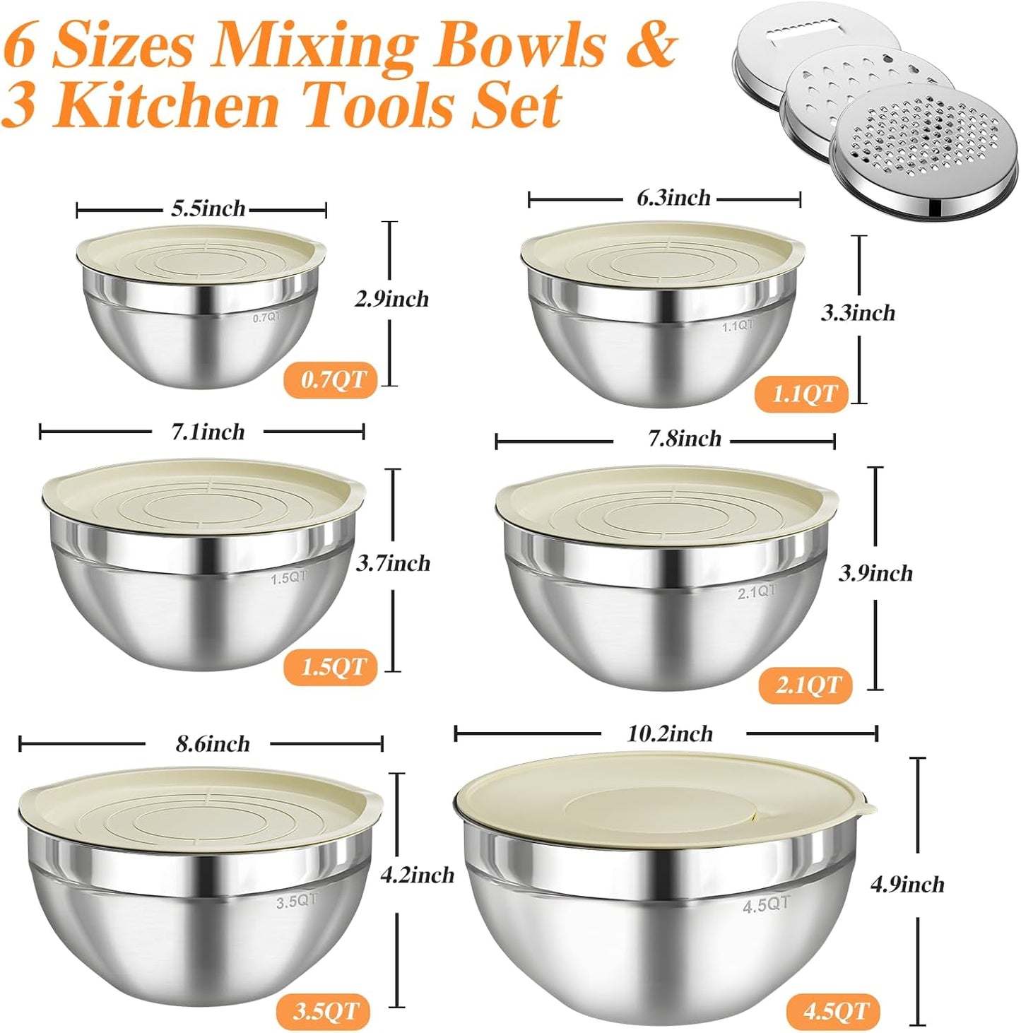 Skiennix Stainless Steel Mixing Bowls Set - 6 PCS with Lids & 3 Grater Attachments | Large Nesting Sizes 4.5QT to 0.7QT