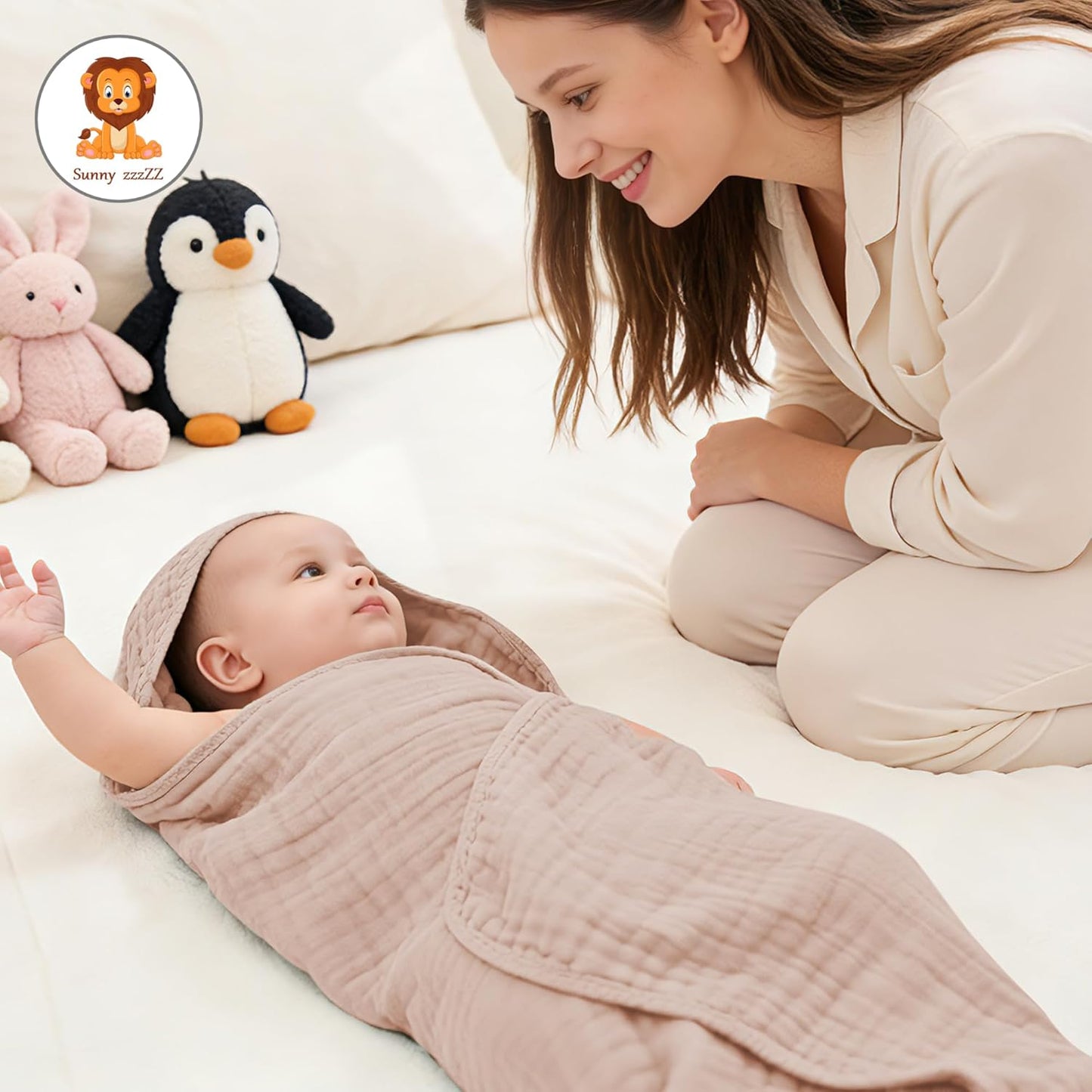 Sunny zzzZZ Muslin Hooded Baby Bath Towels - 3 Pack of Soft 100% Cotton in Pastel Colors | 32x32 Inch