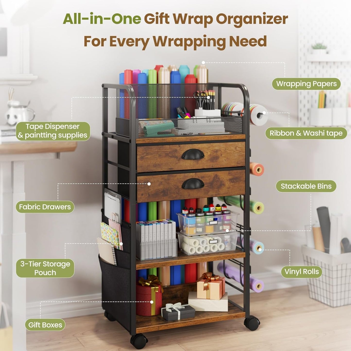 Wrapping Paper Storage Cart - Regine Switzerland Organizer with 2 Fabric Drawers & Lockable Wheels